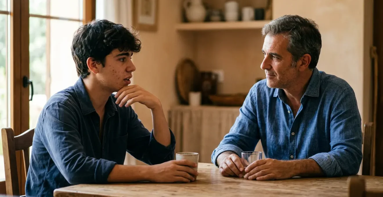 Adolescente español en conversación seria con su padre sobre educación en ambiente hogareño tranquilo