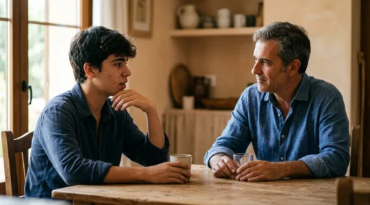 Adolescente español en conversación seria con su padre sobre educación en ambiente hogareño tranquilo