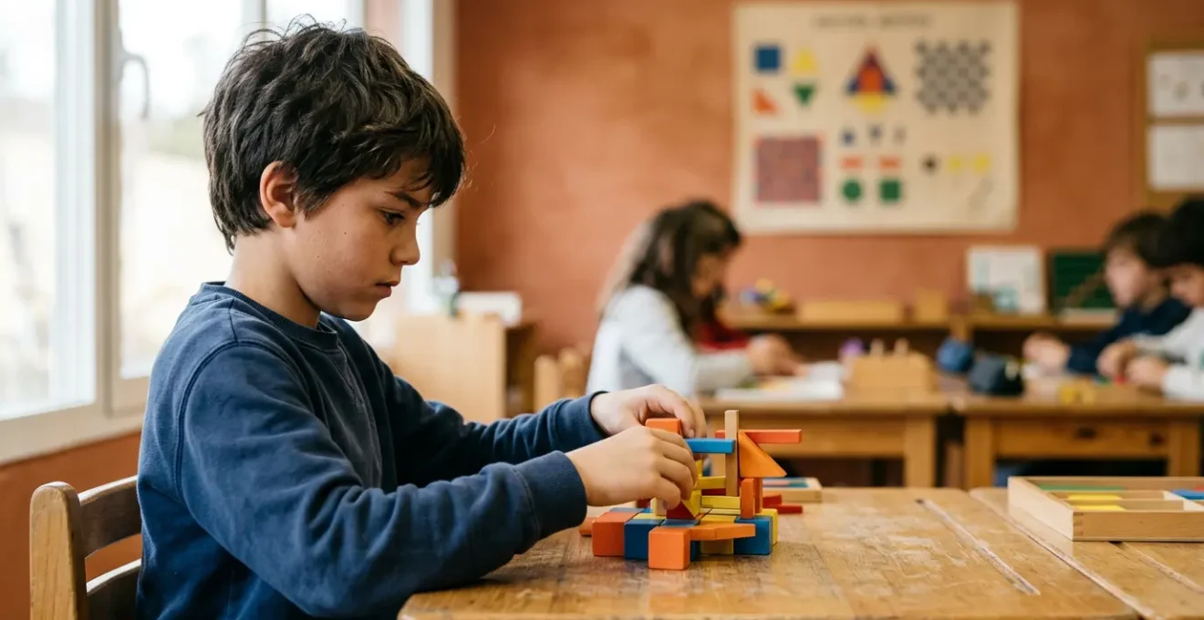 Estudiante concentrado resolviendo un desafío con apoyo visual discreto en un aula española moderna