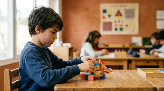 Estudiante concentrado resolviendo un desafío con apoyo visual discreto en un aula española moderna