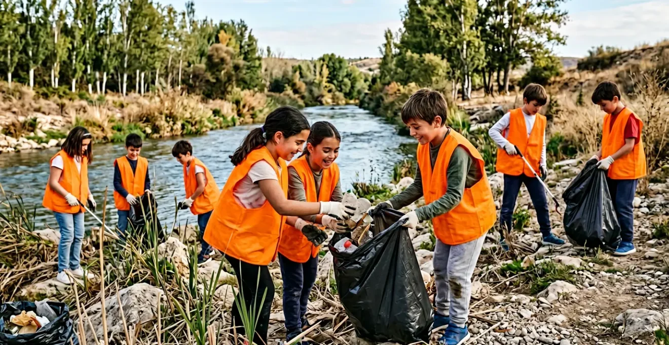 Estudiantes de primaria trabajando juntos limpiando las orillas de un río durante un proyecto de aprendizaje-servicio en España