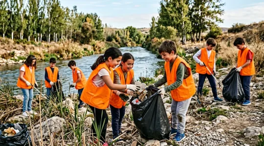 Estudiantes de primaria trabajando juntos limpiando las orillas de un río durante un proyecto de aprendizaje-servicio en España