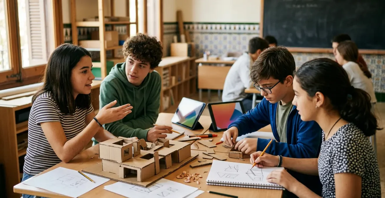 Estudiantes de secundaria trabajando en equipo en un proyecto colaborativo, aplicando competencias clave LOMLOE en aula moderna española