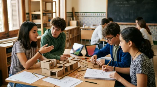 Estudiantes de secundaria trabajando en equipo en un proyecto colaborativo, aplicando competencias clave LOMLOE en aula moderna española