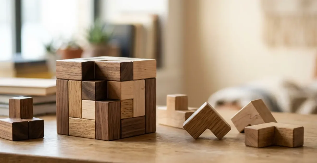 Cubo soma de madera natural sobre superficie iluminada con luz cálida, piezas geométricas tridimensionales dispuestas artísticamente