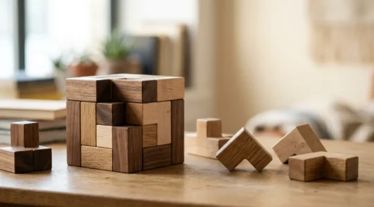 Cubo soma de madera natural sobre superficie iluminada con luz cálida, piezas geométricas tridimensionales dispuestas artísticamente
