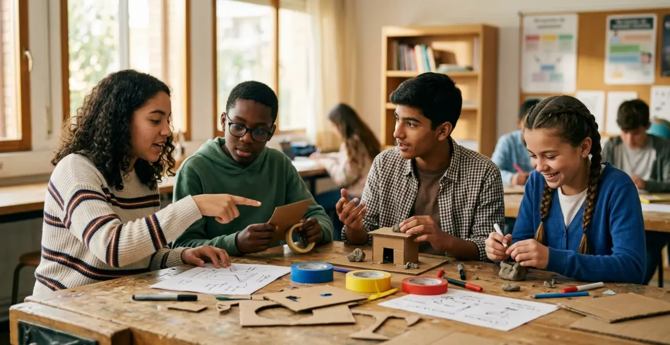 Estudiantes trabajando colaborativamente en proyecto de Design Thinking con materiales de prototipado