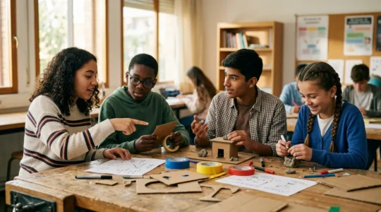 Estudiantes trabajando colaborativamente en proyecto de Design Thinking con materiales de prototipado