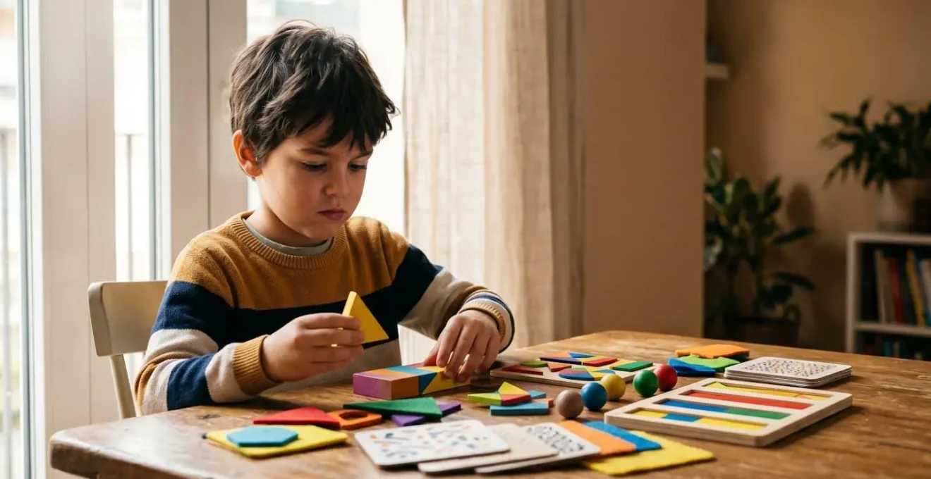 Niño concentrado practicando lectura con material educativo adaptado en ambiente luminoso y acogedor