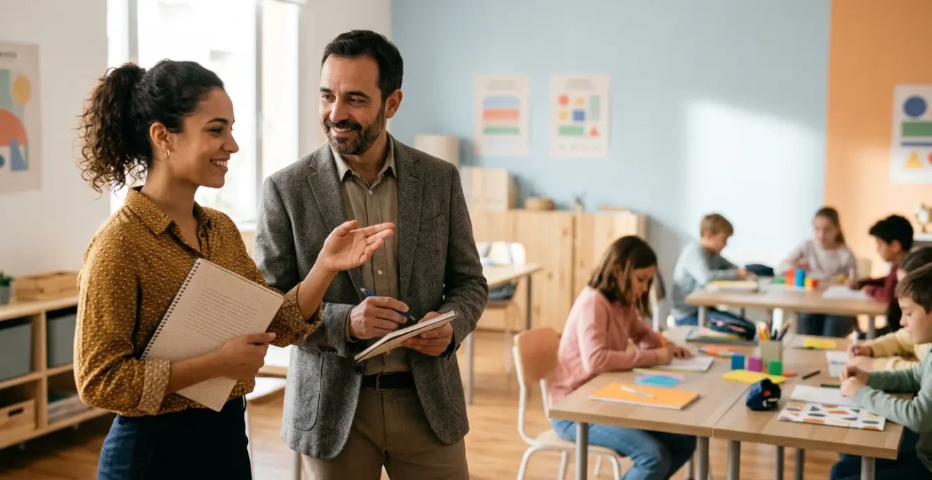 Dos docentes colaborando en un aula moderna mientras estudiantes diversos trabajan en grupos pequeños