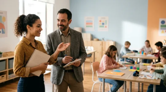 Dos docentes colaborando en un aula moderna mientras estudiantes diversos trabajan en grupos pequeños