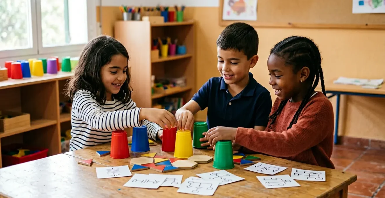 Niños trabajando en actividades de pensamiento lógico usando materiales físicos en un entorno educativo español