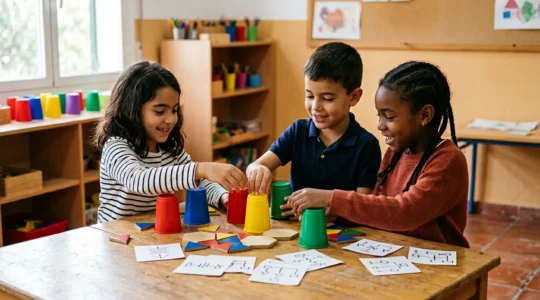 Niños trabajando en actividades de pensamiento lógico usando materiales físicos en un entorno educativo español