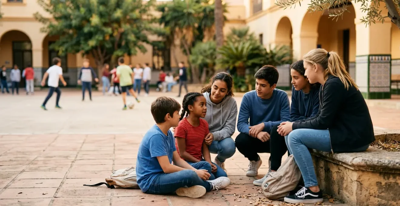 Estudiantes mediadores colaborando en un patio escolar español durante el recreo para resolver conflictos entre compañeros