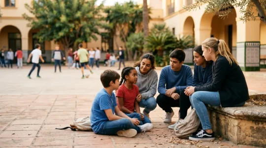 Estudiantes mediadores colaborando en un patio escolar español durante el recreo para resolver conflictos entre compañeros
