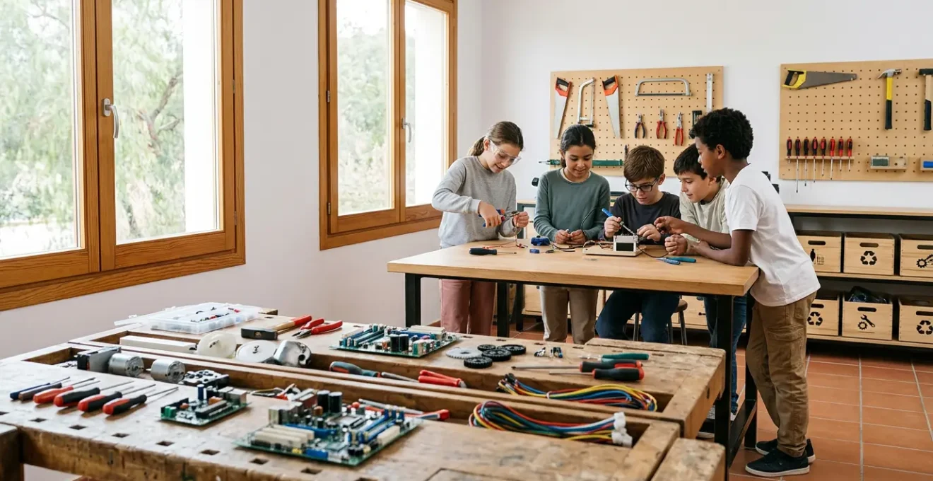 Espacio maker escolar con equipos informáticos desmontados y estudiantes trabajando en proyectos tecnológicos