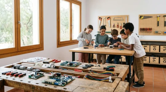 Espacio maker escolar con equipos informáticos desmontados y estudiantes trabajando en proyectos tecnológicos