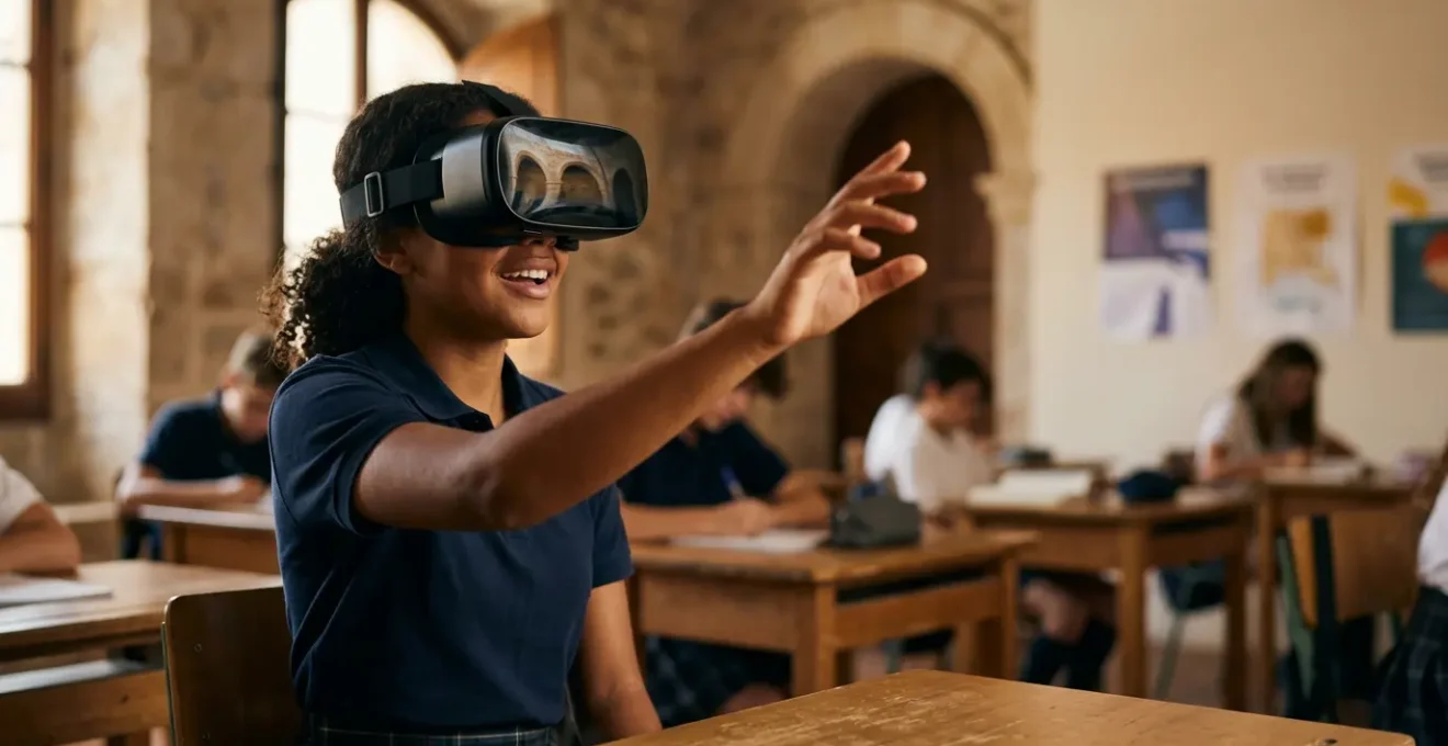 Estudiante explorando un entorno histórico inmersivo con gafas de realidad virtual en un aula moderna