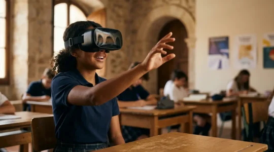 Estudiante explorando un entorno histórico inmersivo con gafas de realidad virtual en un aula moderna