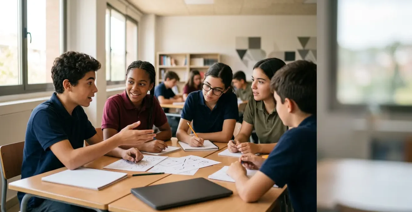 Grupo diverso de estudiantes trabajando colaborativamente en un proyecto escolar en un aula moderna