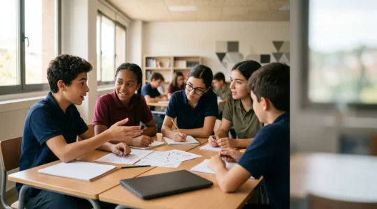 Grupo diverso de estudiantes trabajando colaborativamente en un proyecto escolar en un aula moderna