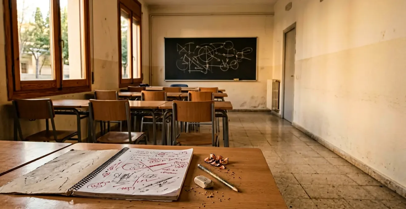 Espacio educativo minimalista que transmite el concepto de evaluación como proceso de aprendizaje continuo en el contexto español