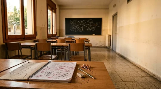Espacio educativo minimalista que transmite el concepto de evaluación como proceso de aprendizaje continuo en el contexto español