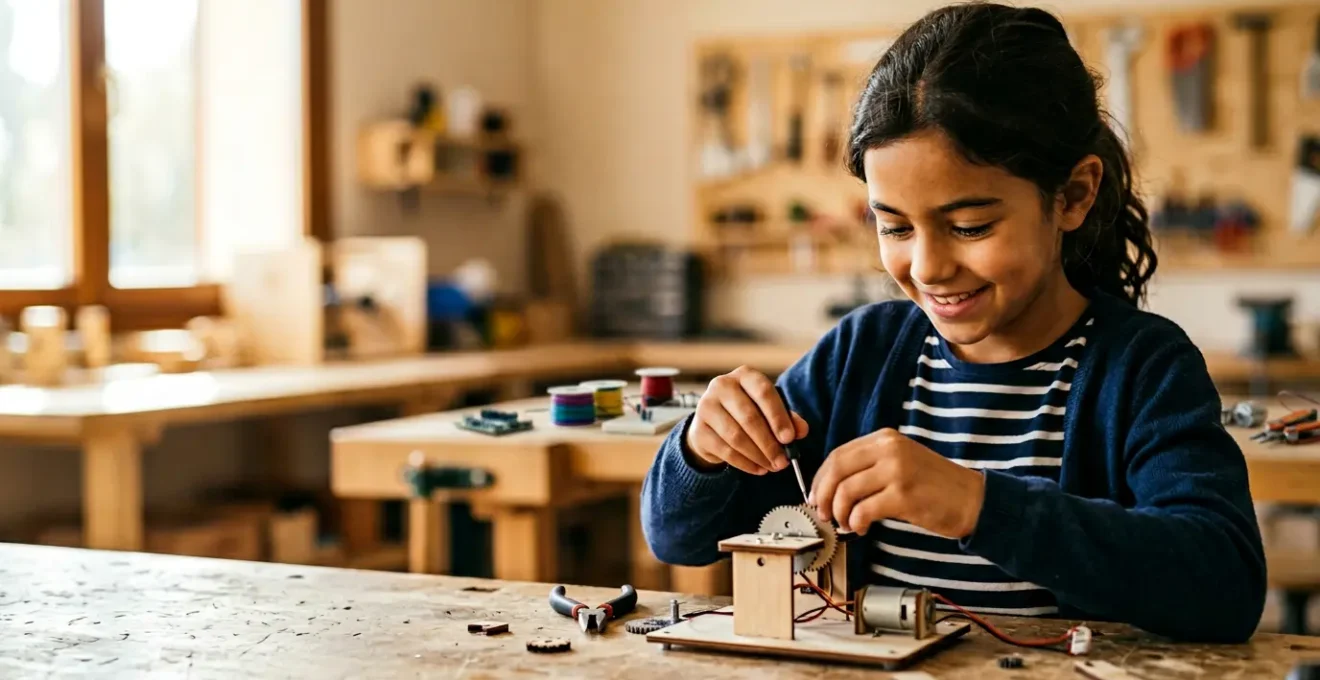 Niña española realizando experimento científico con entusiasmo y concentración