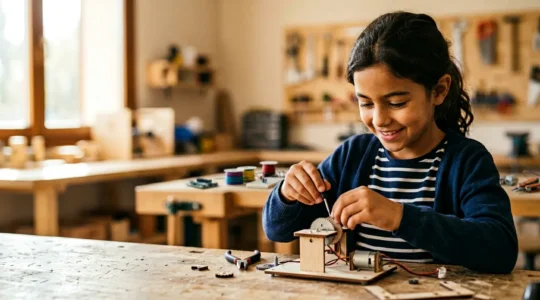Niña española realizando experimento científico con entusiasmo y concentración