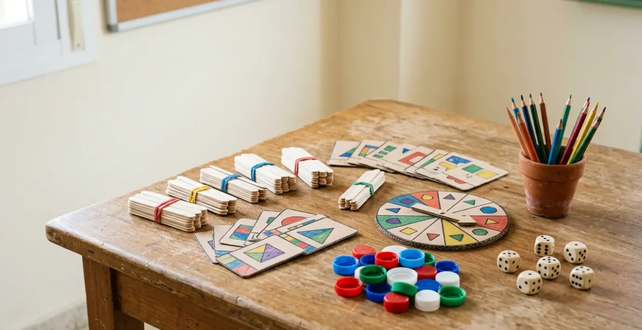 Materiales económicos de gamificación matemática dispuestos creativamente sobre una mesa de aula española con elementos lúdicos y educativos
