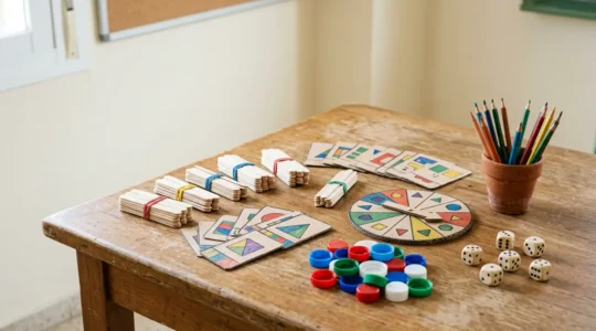 Materiales económicos de gamificación matemática dispuestos creativamente sobre una mesa de aula española con elementos lúdicos y educativos