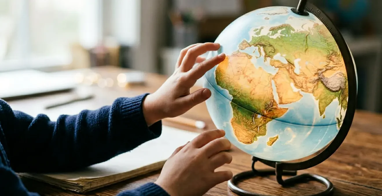 Niño explorando un globo terráqueo iluminado con las manos sobre superficie de madera, aprendiendo geografía de forma táctil
