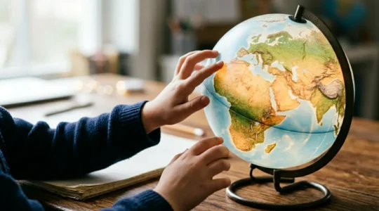 Niño explorando un globo terráqueo iluminado con las manos sobre superficie de madera, aprendiendo geografía de forma táctil
