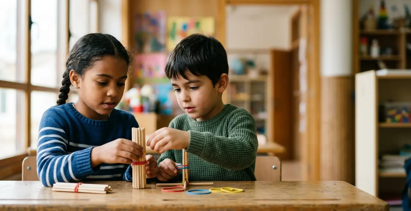 Niños de primaria trabajando con palillos y materiales manipulativos en un aula española moderna aplicando el método ABN de matemáticas