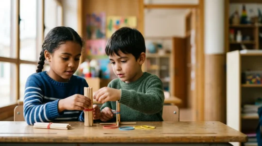 Niños de primaria trabajando con palillos y materiales manipulativos en un aula española moderna aplicando el método ABN de matemáticas