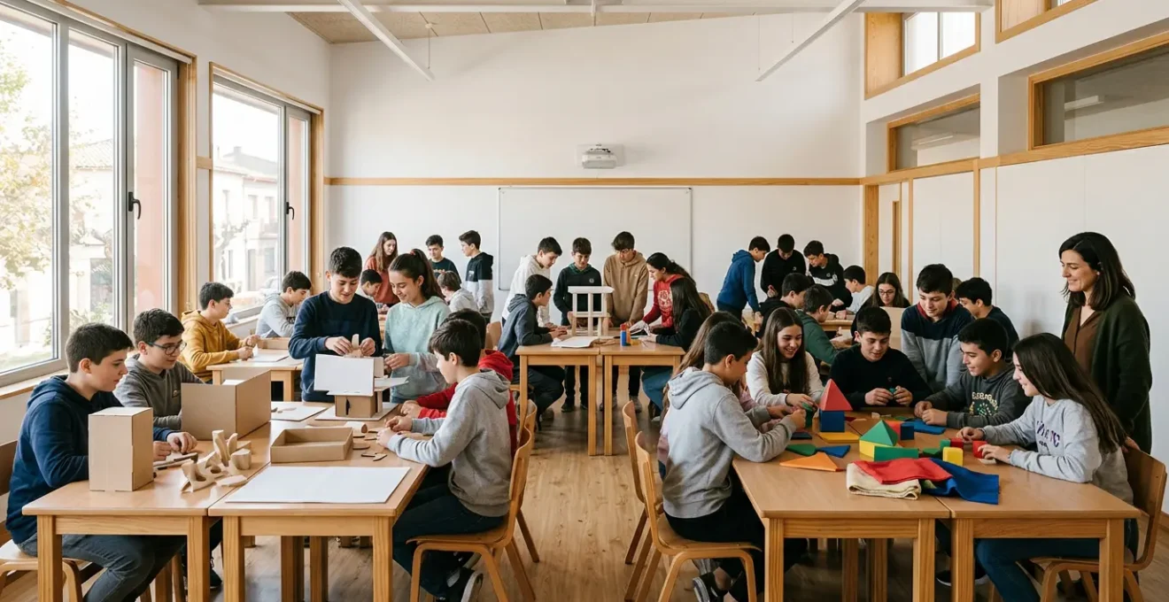 Aula española moderna con 25 estudiantes trabajando en grupos colaborativos mientras el docente facilita el aprendizaje activo