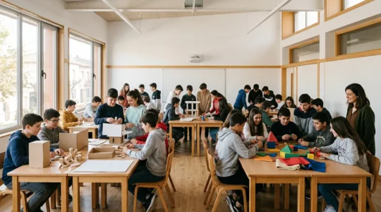 Aula española moderna con 25 estudiantes trabajando en grupos colaborativos mientras el docente facilita el aprendizaje activo