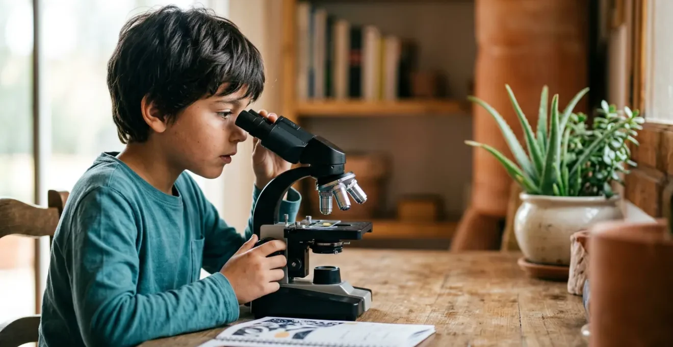 Niño de 10 años observando con entusiasmo a través de un microscopio biológico en ambiente educativo natural