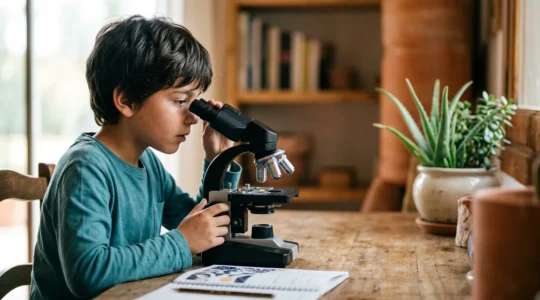 Niño de 10 años observando con entusiasmo a través de un microscopio biológico en ambiente educativo natural