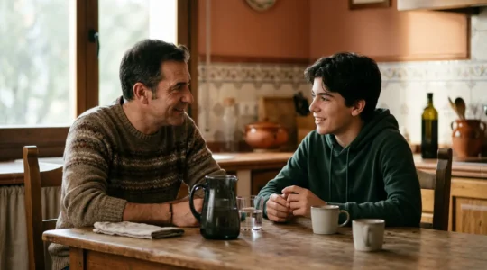 Padre e hijo adolescente dialogando en un entorno familiar relajado en España