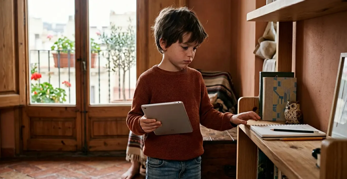 Niño de siete años en un momento de elección entre la pantalla digital y la exploración activa del mundo real