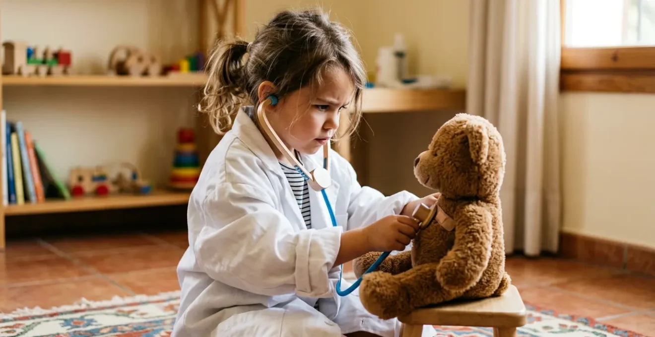Niño pequeño vestido con bata médica blanca jugando con estetoscopio, explorando rol de doctor con confianza y curiosidad