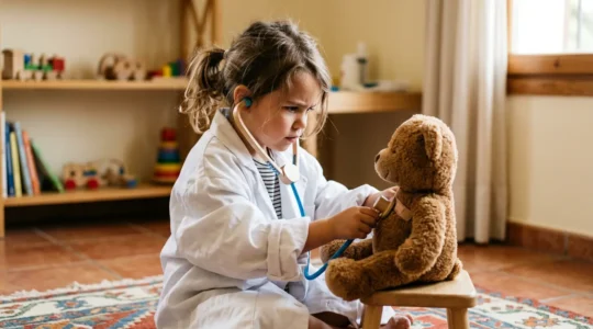 Niño pequeño vestido con bata médica blanca jugando con estetoscopio, explorando rol de doctor con confianza y curiosidad