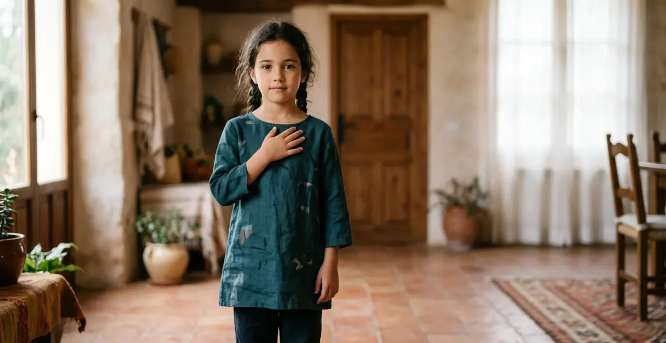 Niño pequeño en actitud de afirmación tranquila frente a situación cotidiana que requiere establecer límites personales