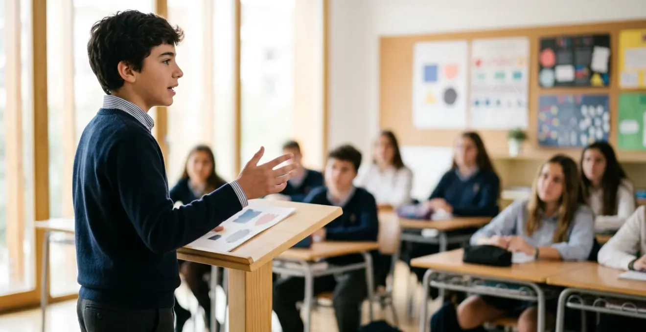 Estudiante joven presentando con confianza frente a sus compañeros en un aula española moderna