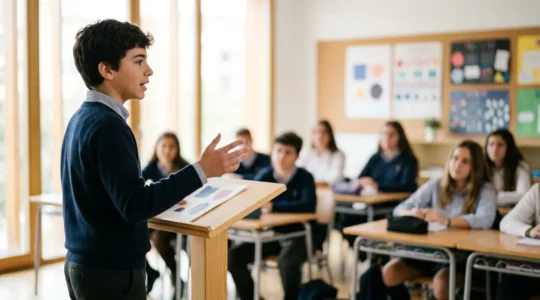 Estudiante joven presentando con confianza frente a sus compañeros en un aula española moderna