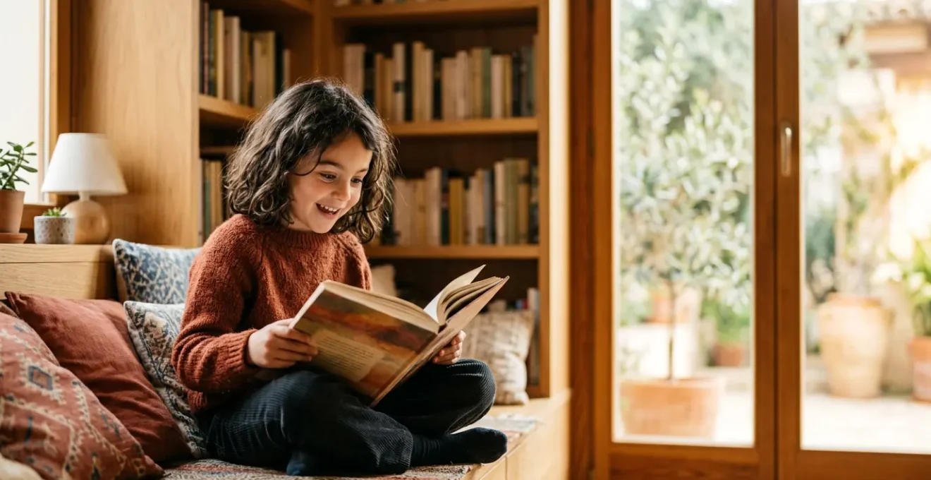 Niño sonriente leyendo un libro donde él es el protagonista de la historia
