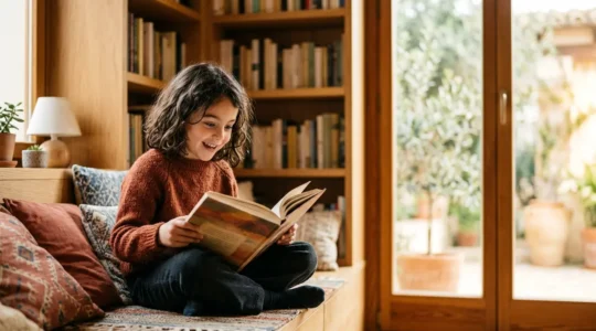 Niño sonriente leyendo un libro donde él es el protagonista de la historia