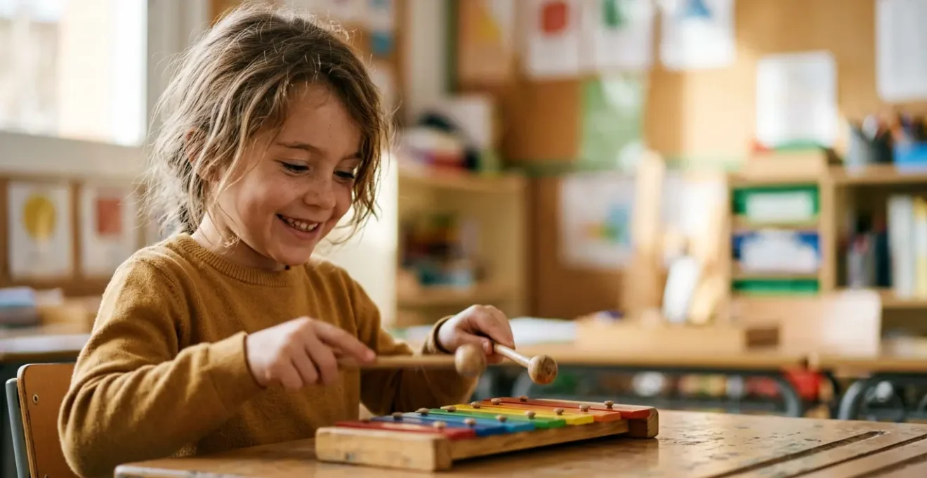 Niño concentrado tocando xilófono de colores en aula de música, manos en movimiento, enfoque en aprendizaje musical temprano