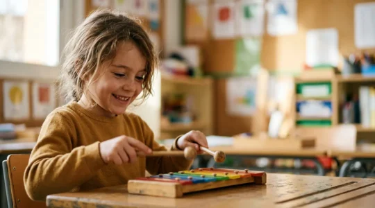 Niño concentrado tocando xilófono de colores en aula de música, manos en movimiento, enfoque en aprendizaje musical temprano